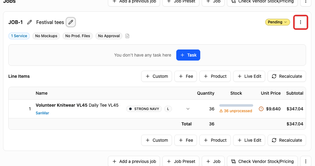Job header actions menu