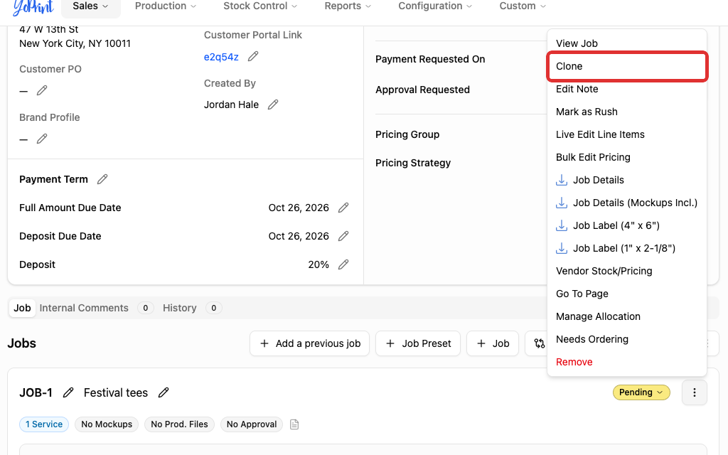 Clone option in the job actions menu