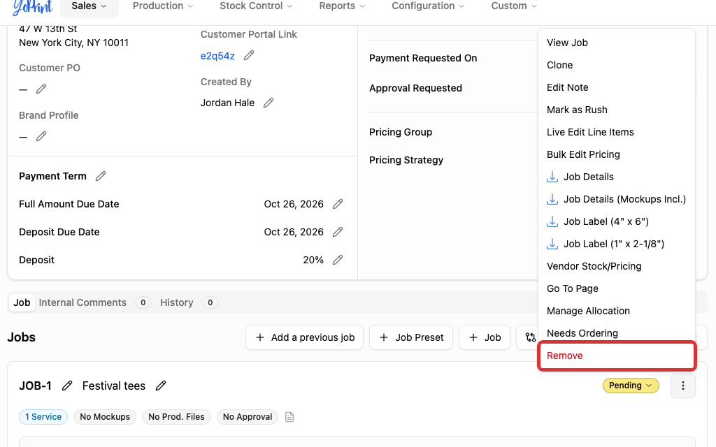 Remove option in the job actions menu