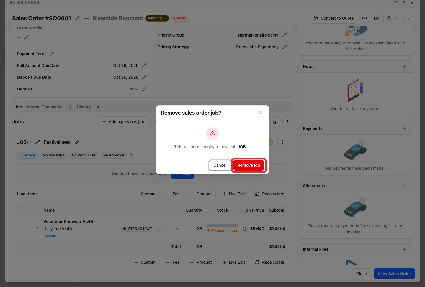 Remove job button in the confirmation prompt