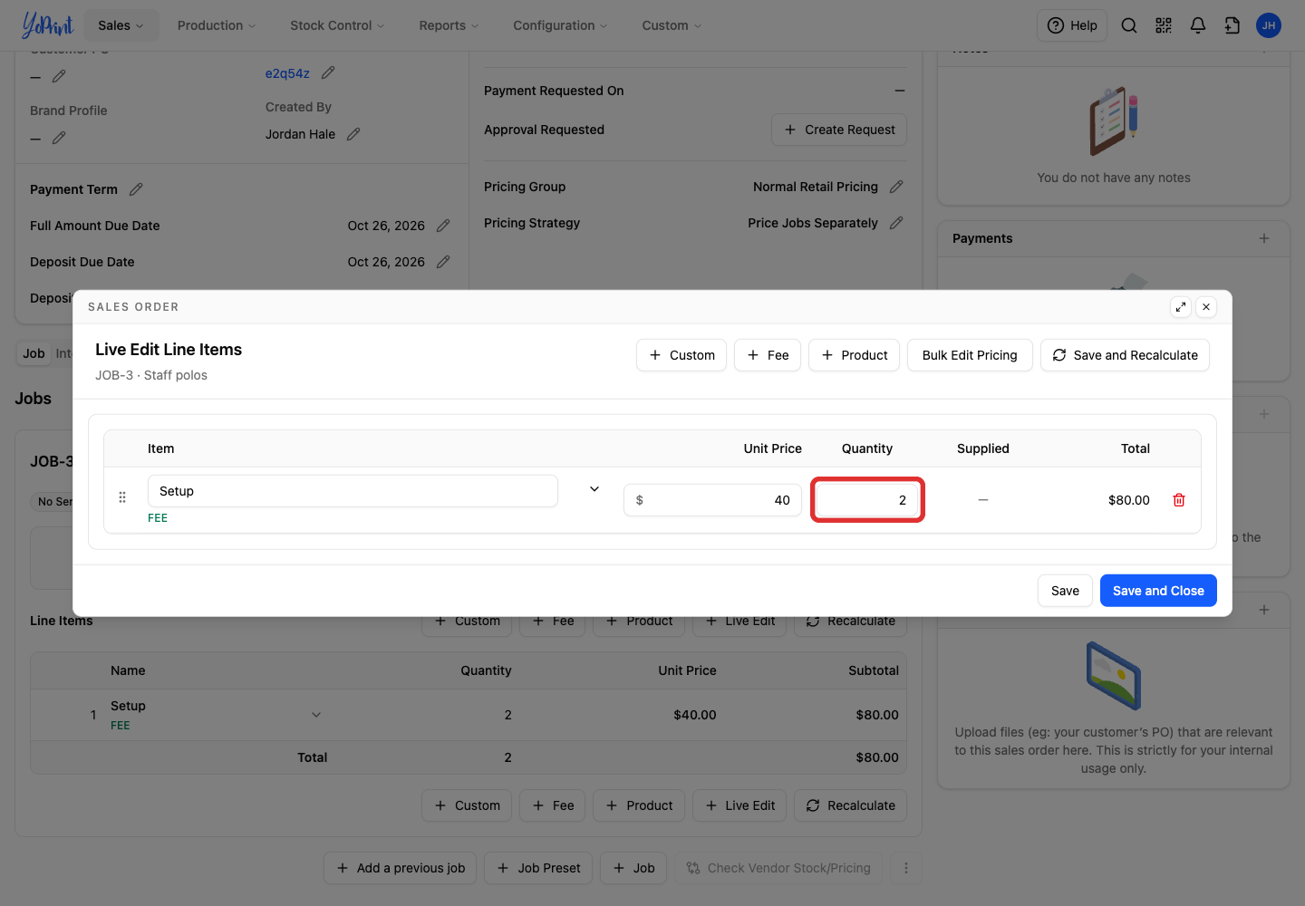 Quantity field in Live Edit on a quote