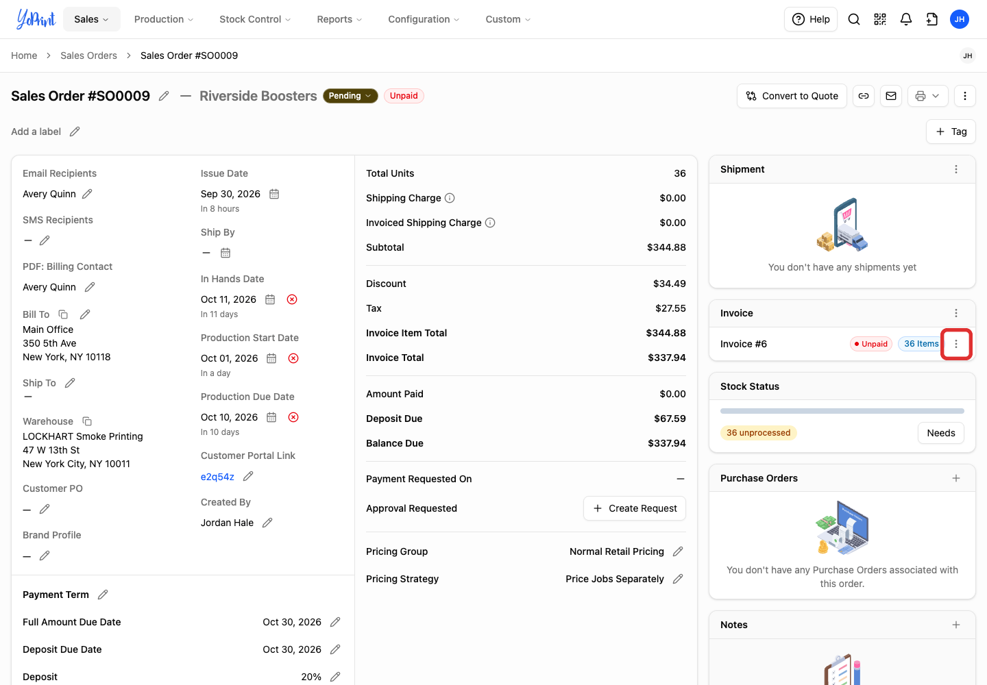 The actions menu on the invoice row