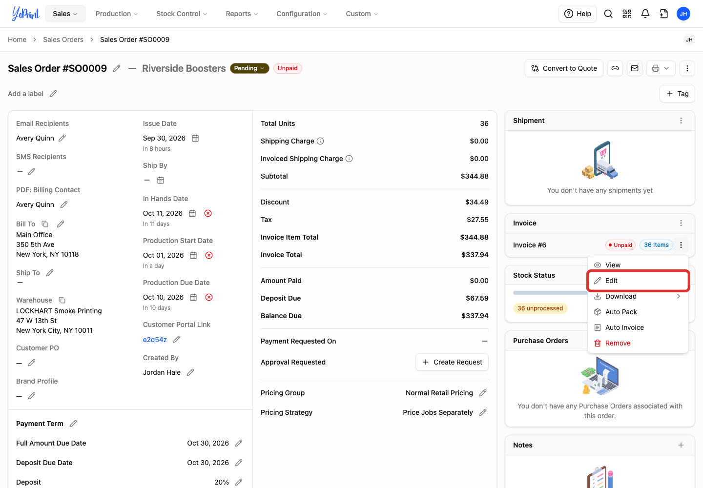 Edit on the invoice actions menu