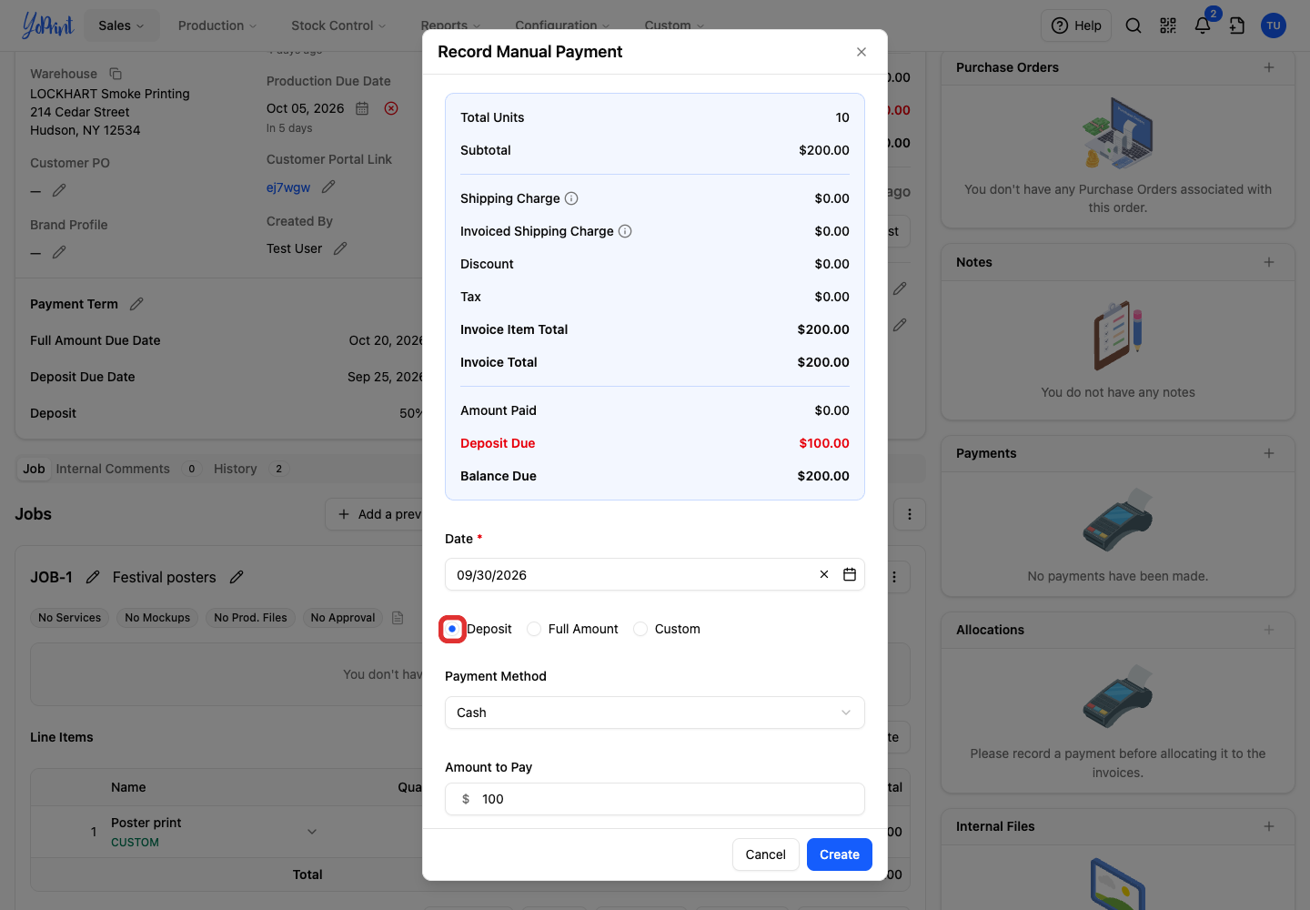 Deposit selected and the amount filled