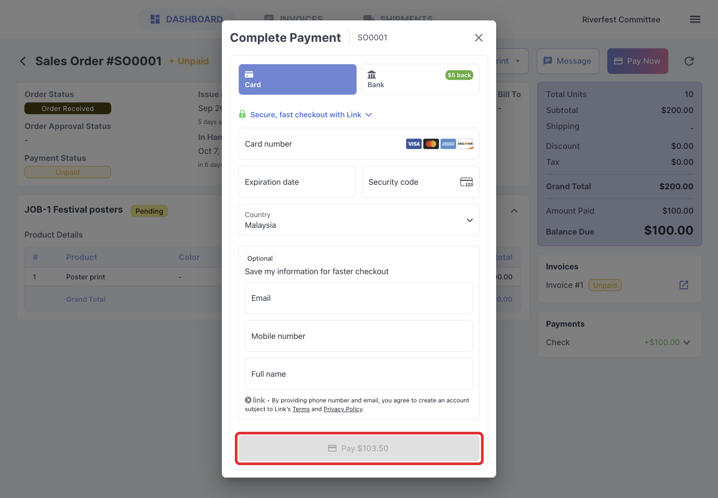 Complete Payment modal