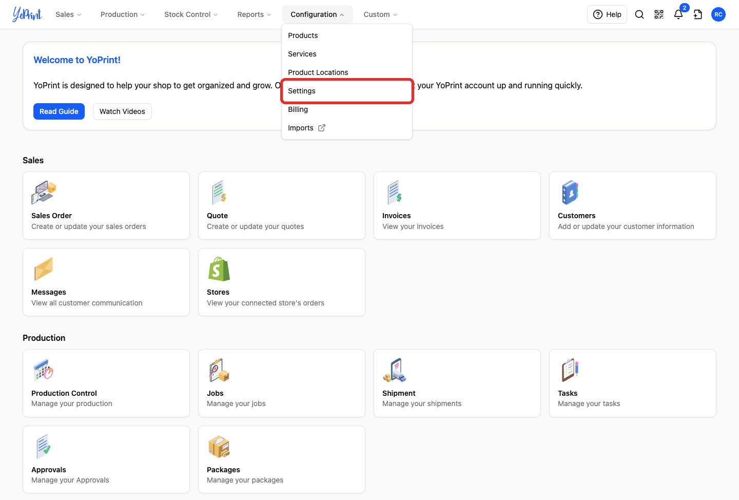 Configuration and Settings in the top navigation
