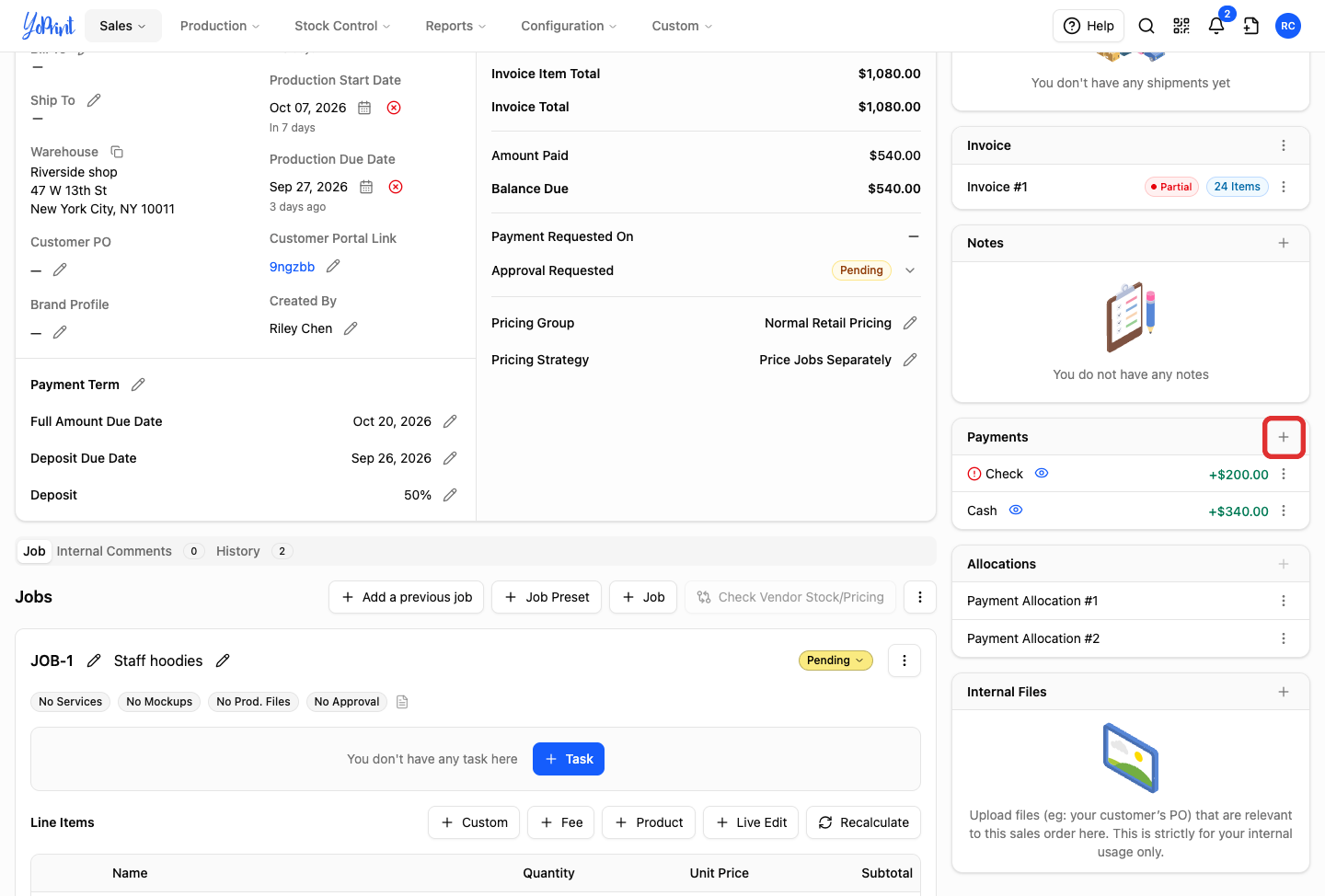 The Add payment button in the Payments section