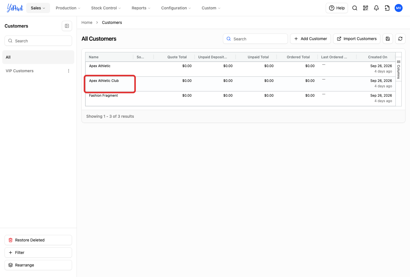 Customer record selected in customer list