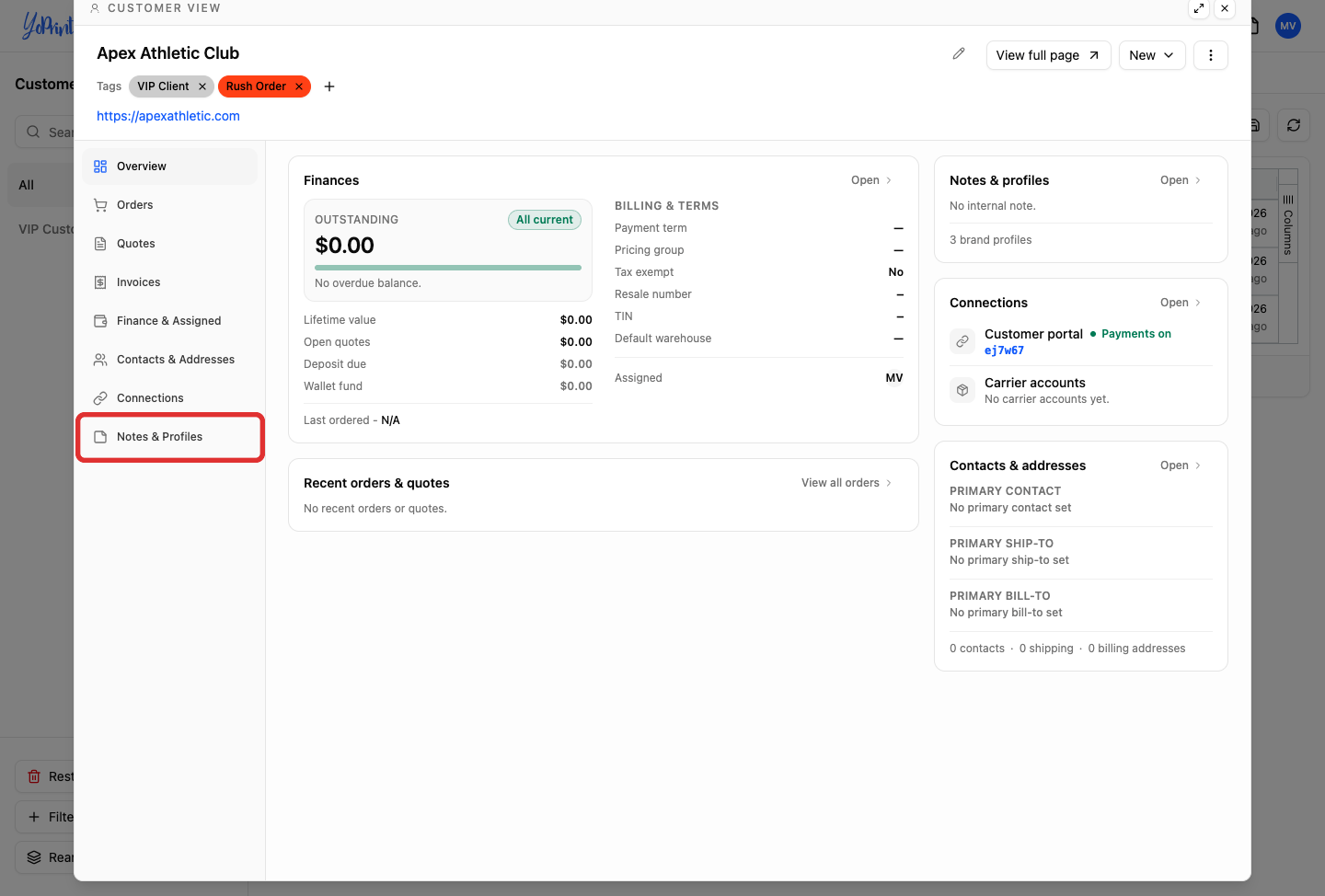 Notes and Profiles tab selected in customer drawer