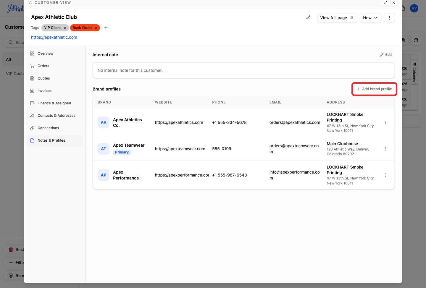 Add brand profile button on customer page