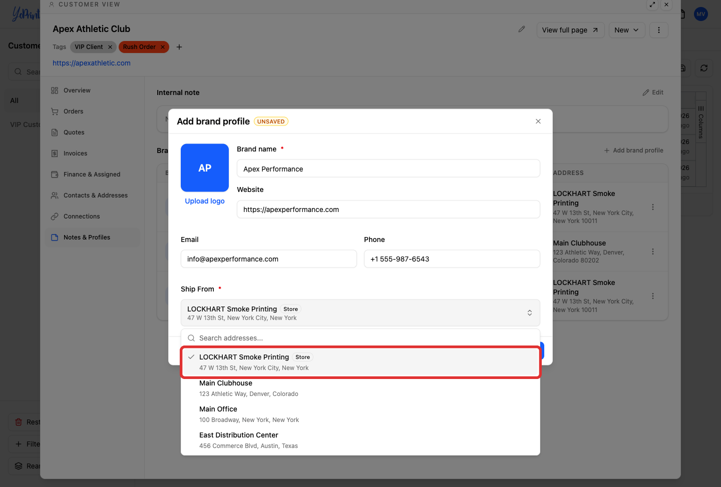Ship From address picker dropdown