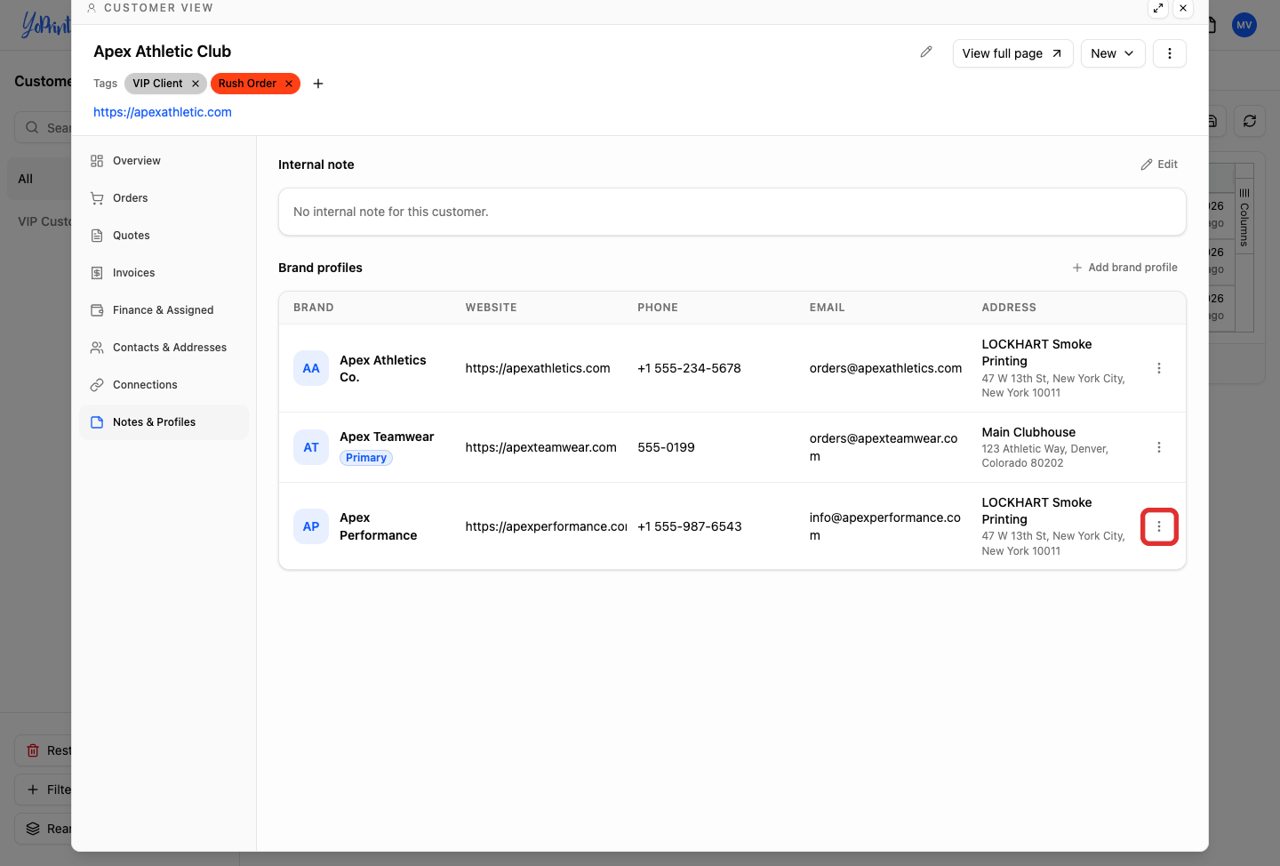 Row actions trigger button on secondary brand profile