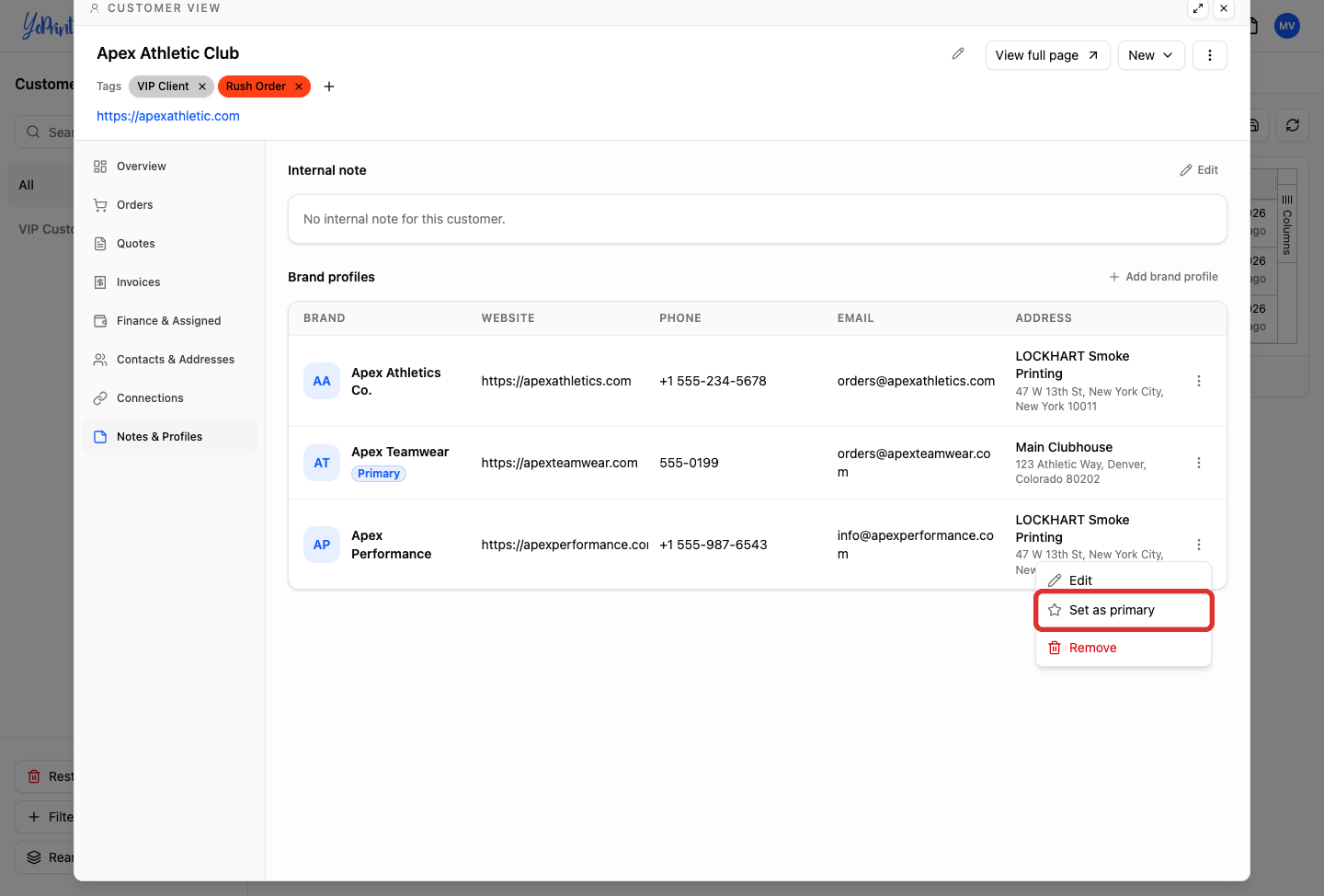 Set as primary option in brand profile row actions