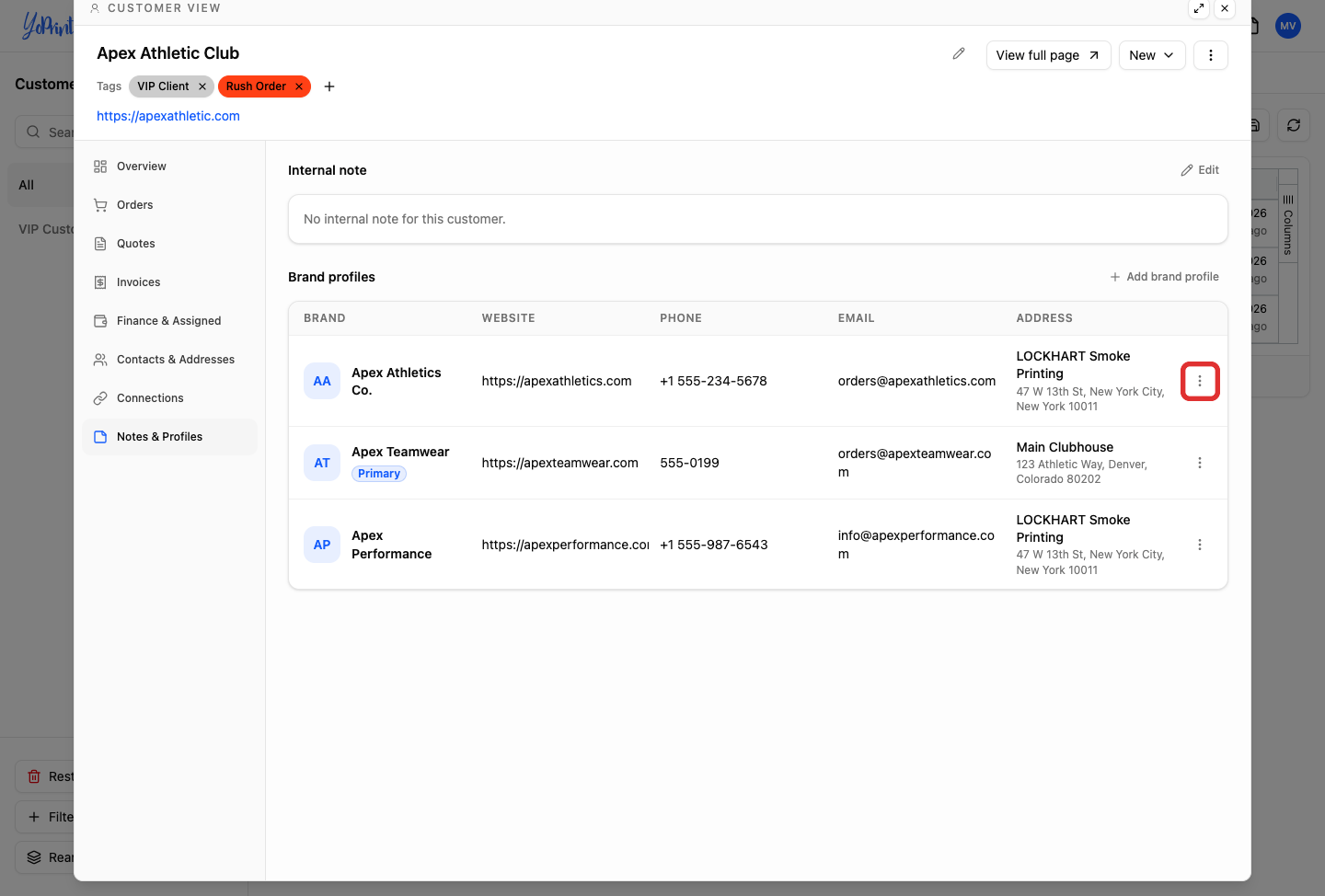 Row actions trigger on brand profile row