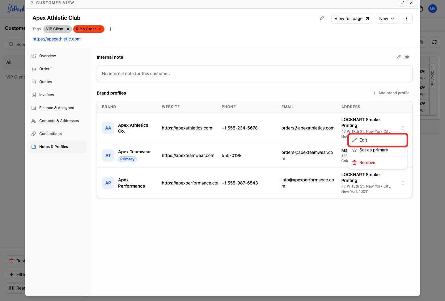 Edit option selected in row actions menu