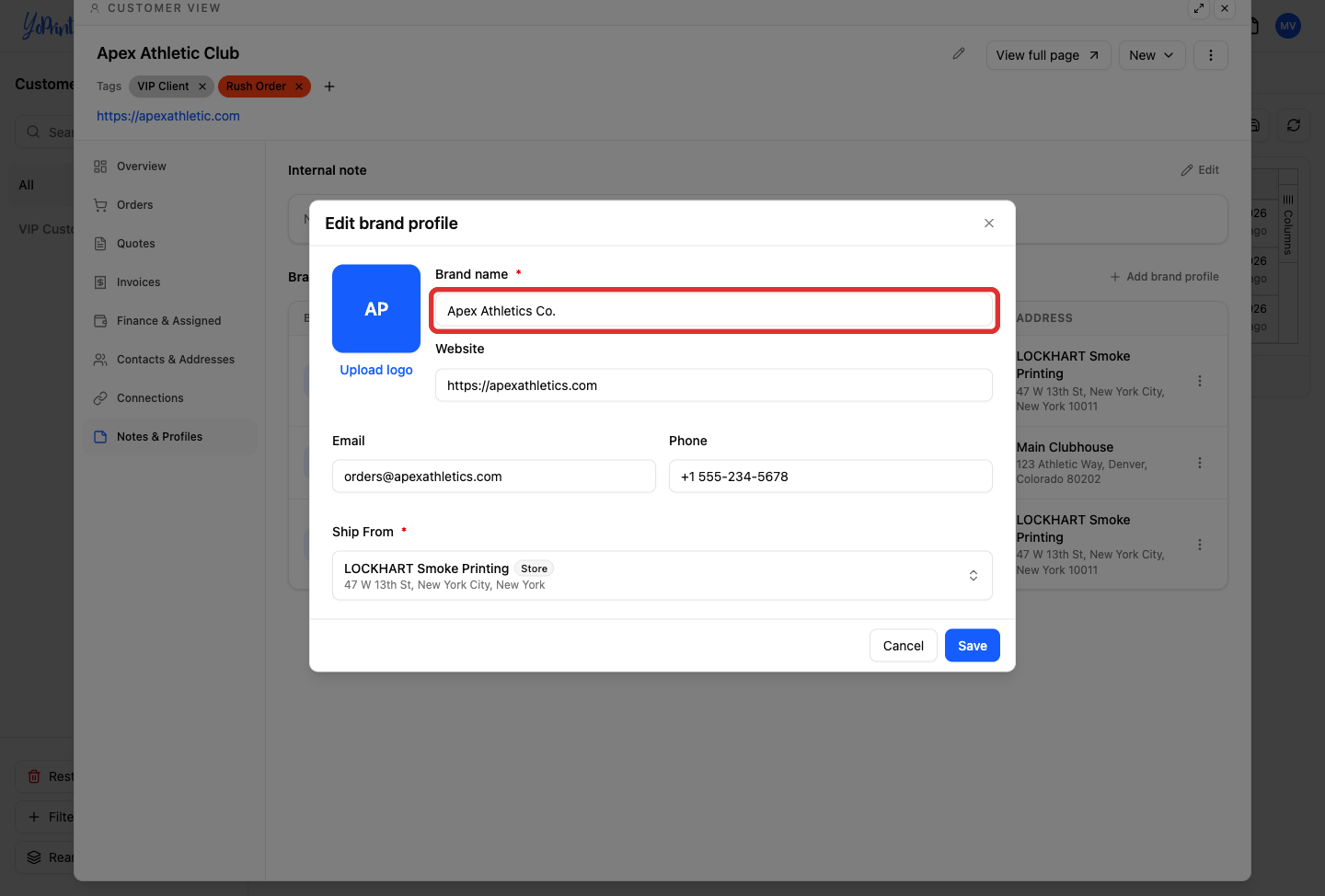 Edit brand profile dialog with updated information
