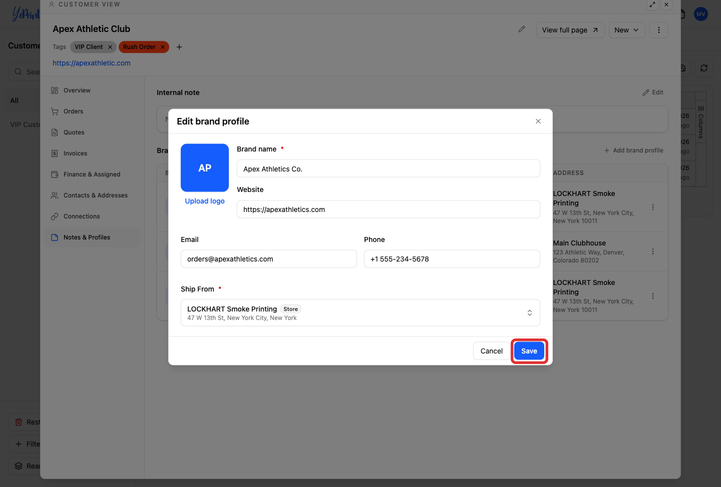 Save button marked in edit brand profile dialog
