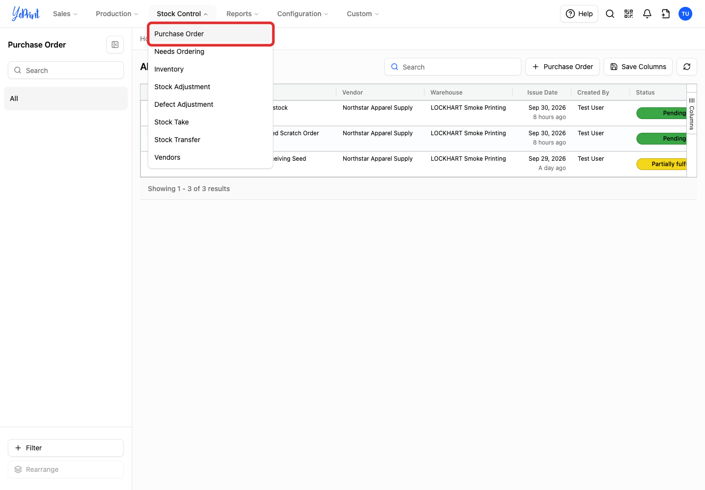 Choose Purchase Order from the Stock Control menu