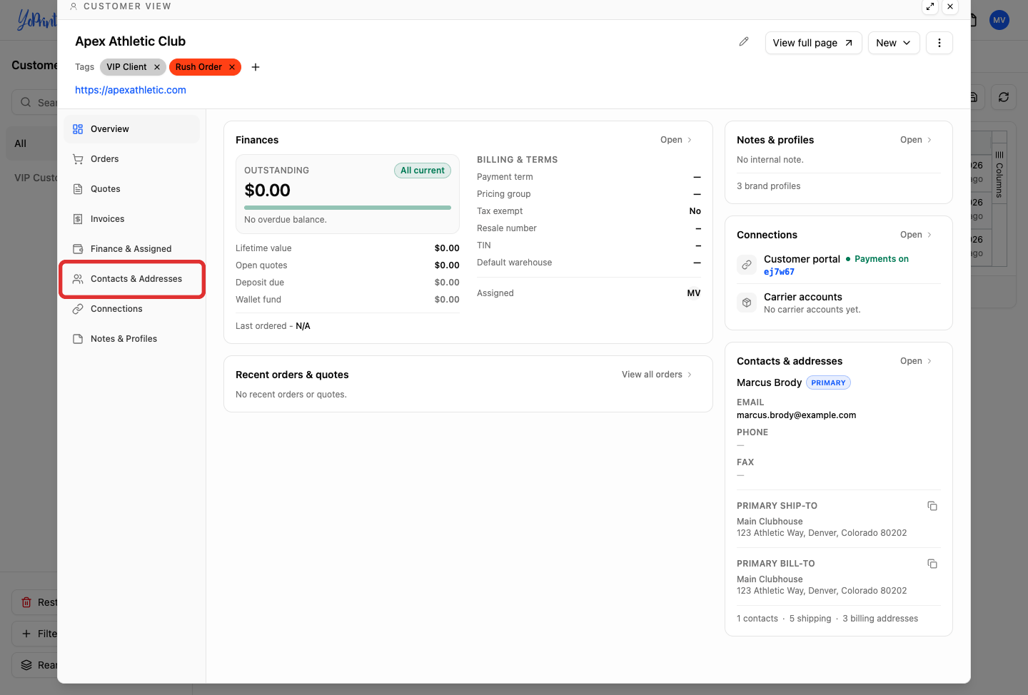 Contacts and Addresses tab selected in customer drawer
