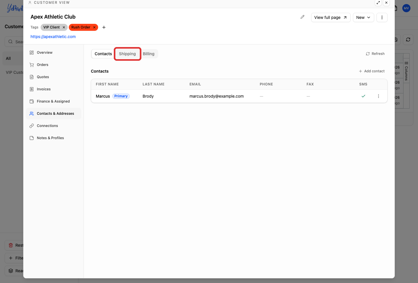 Shipping sub-tab selected in Contacts and Addresses
