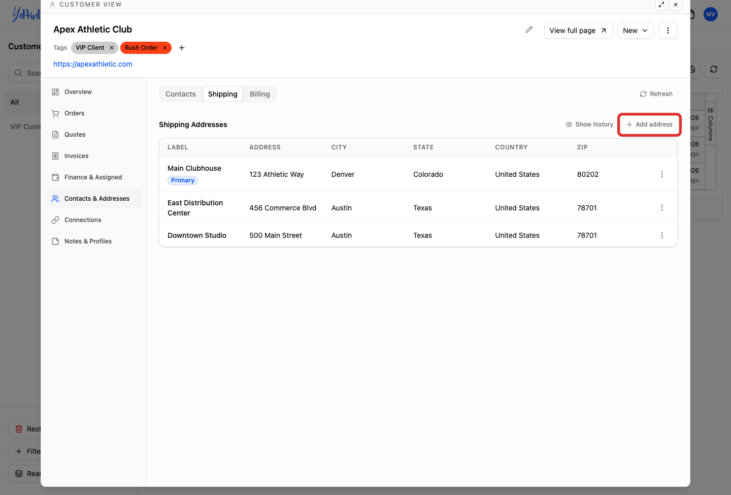 Add address button on Shipping addresses tab