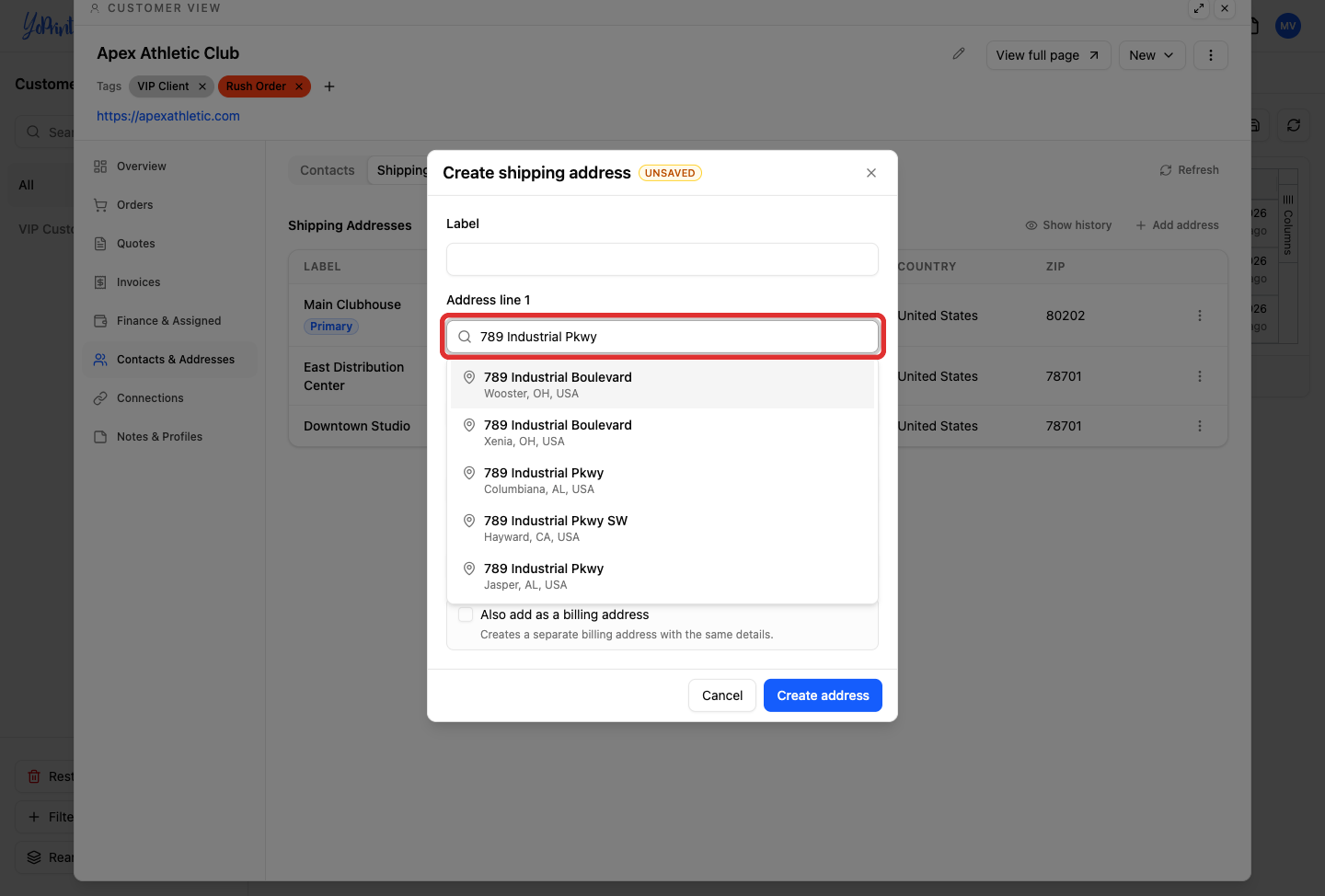 Create shipping address dialog with address fields populated