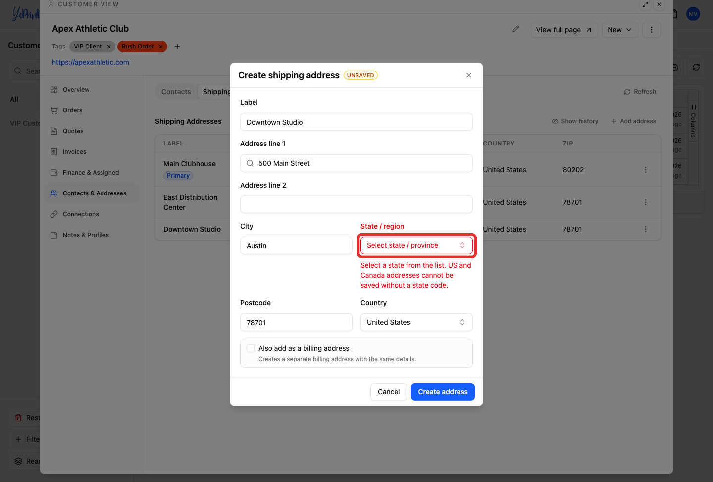 State entry validation requirement for US and Canada addresses