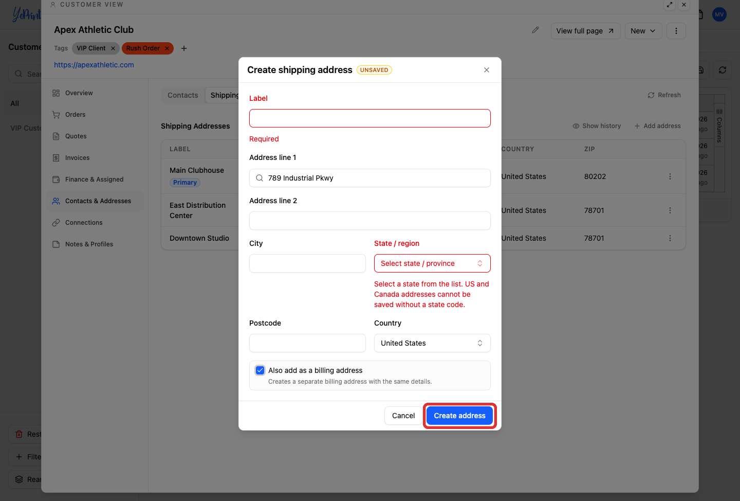 Create address button in shipping address dialog