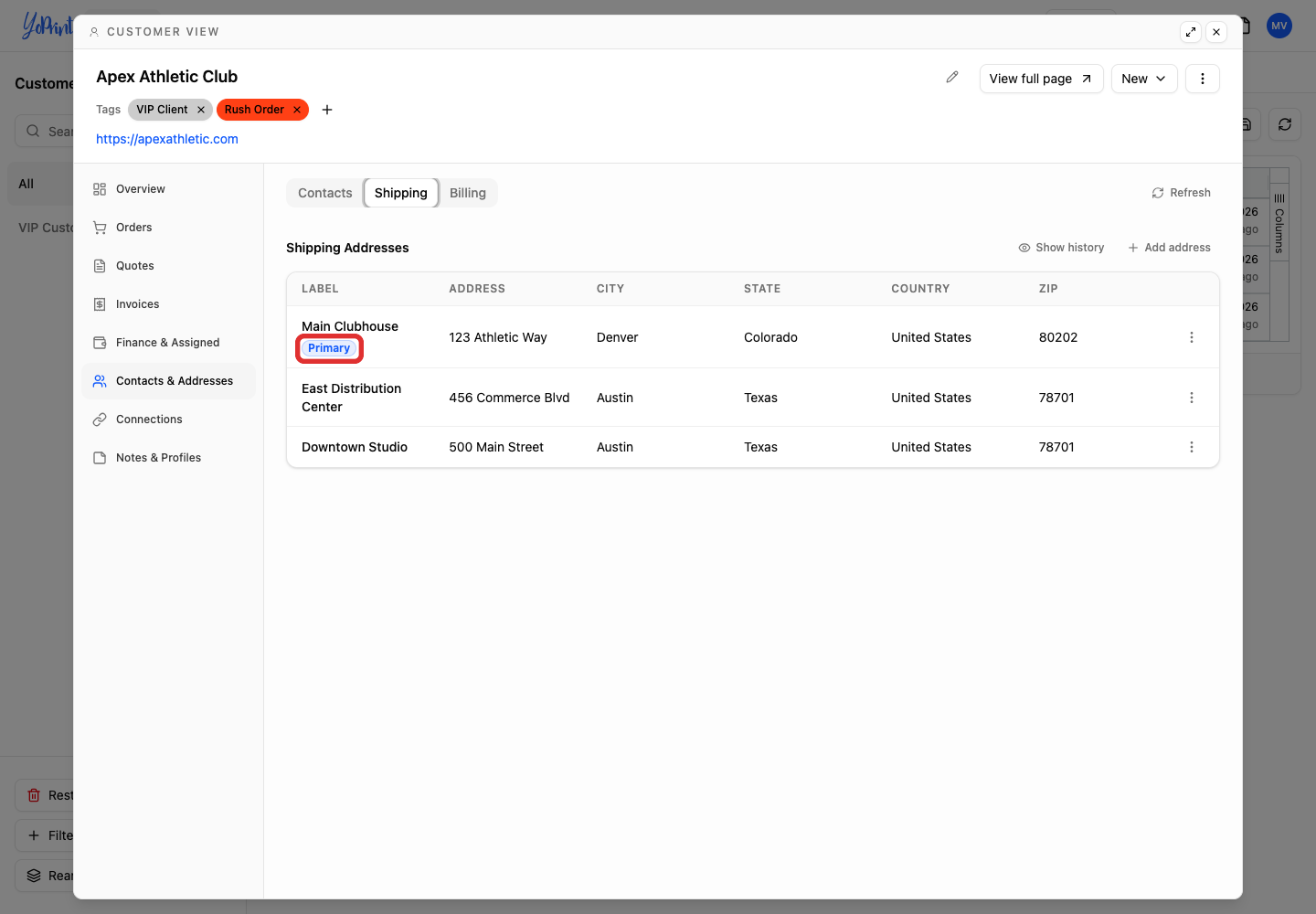 Shipping addresses list showing Primary badge on default address