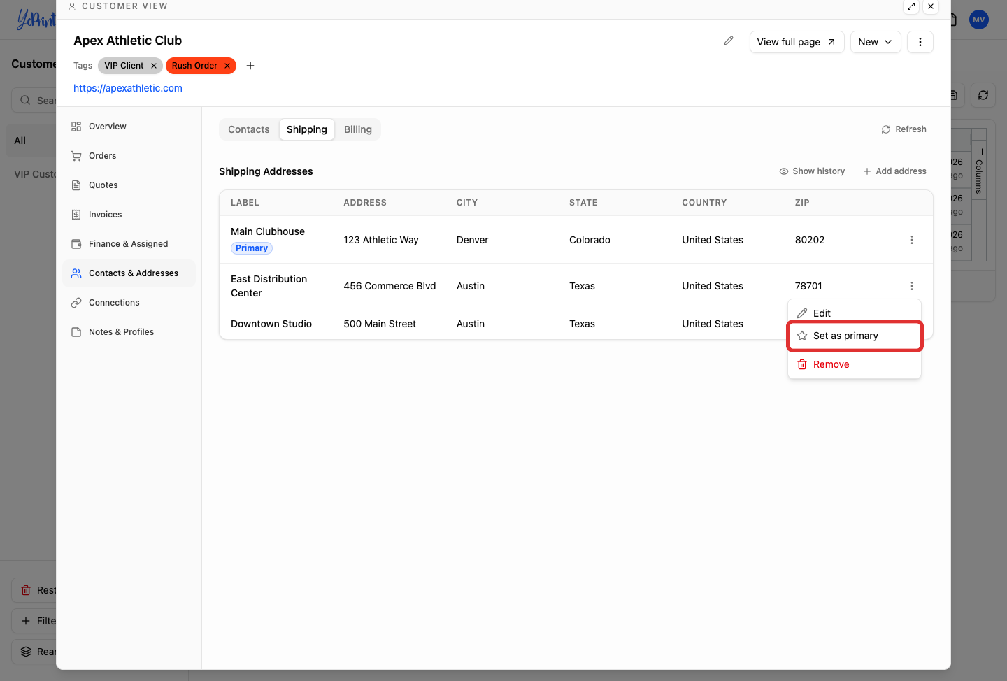 Set as primary option in address row actions menu