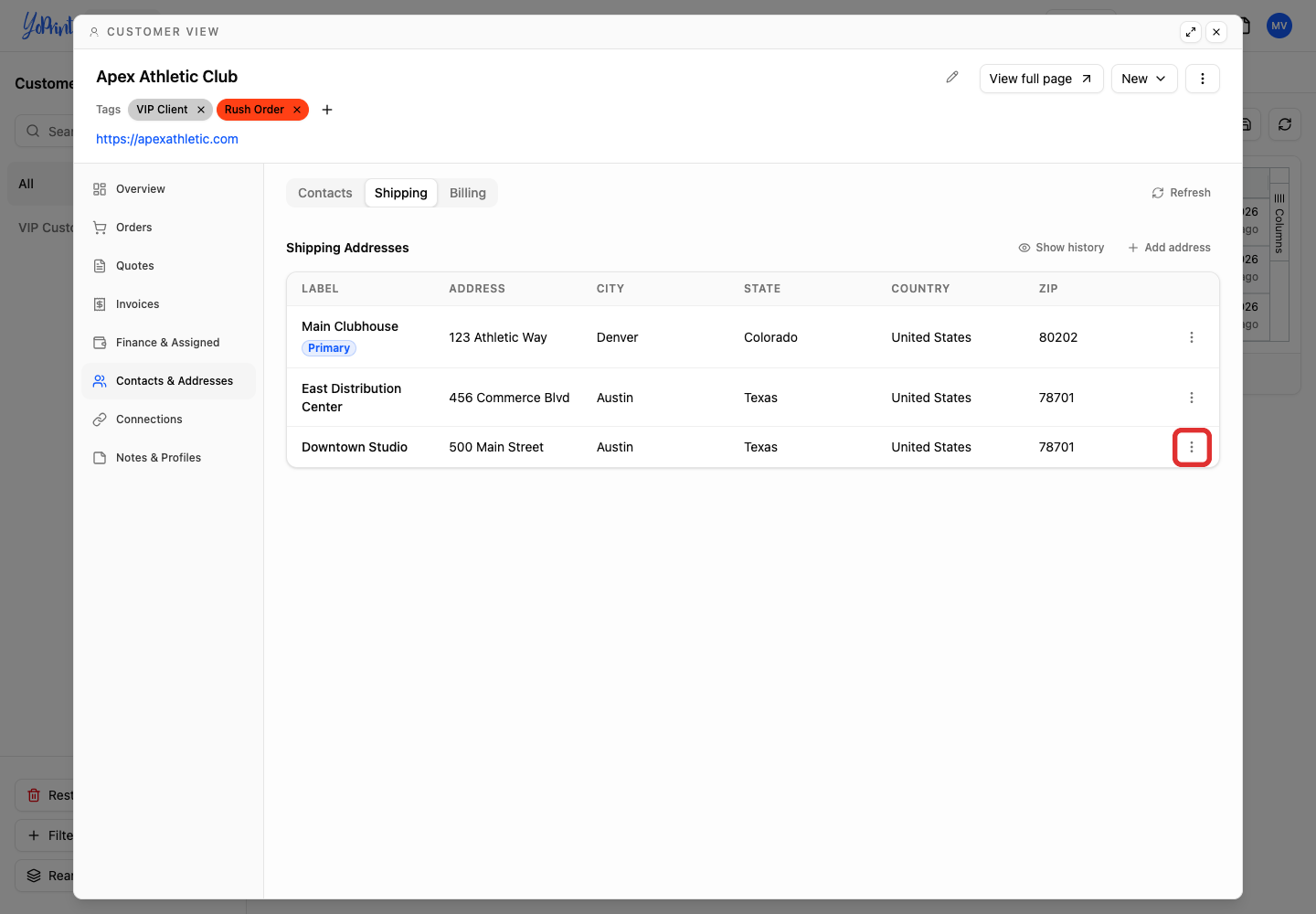 Row actions trigger button for address copy
