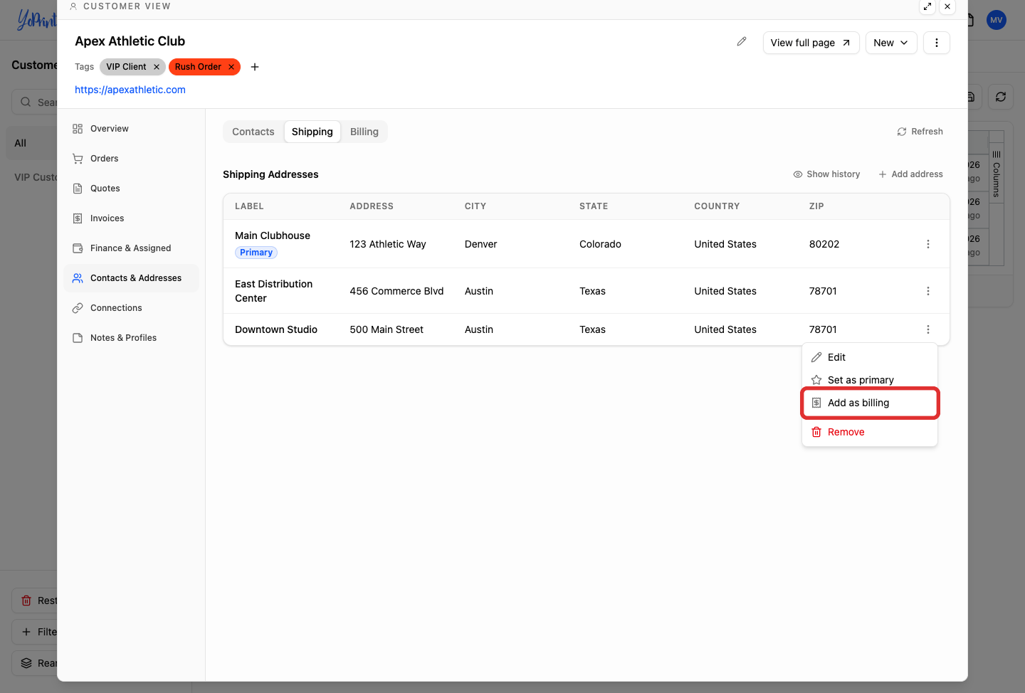 Add as billing option in address row actions menu
