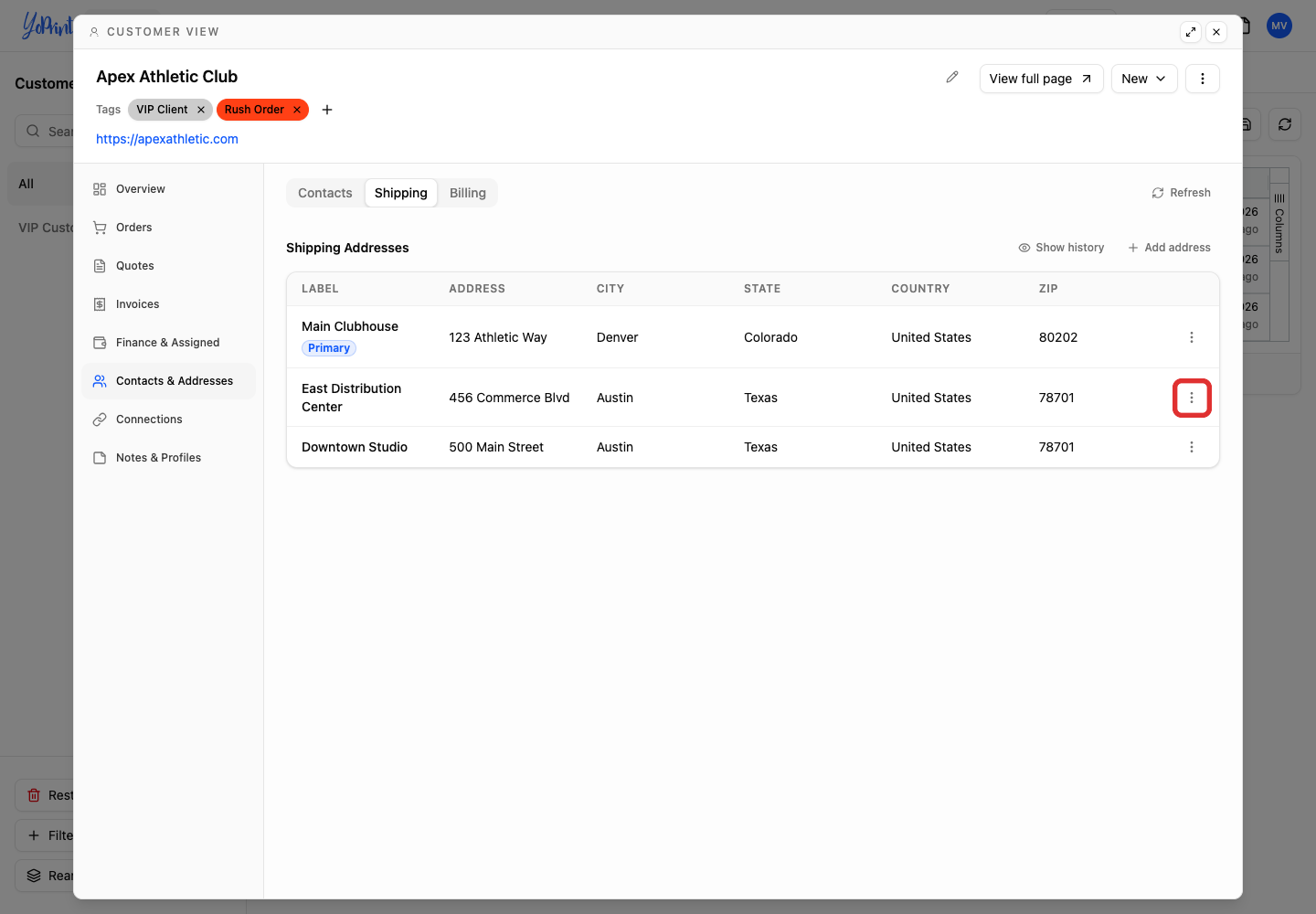 Row actions trigger button for address removal