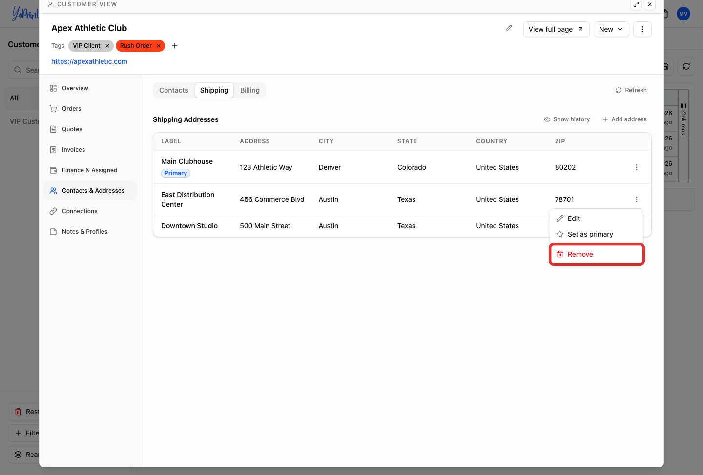 Remove option in address row actions menu