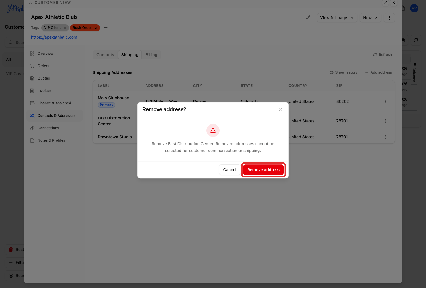 Remove address confirmation dialog with Remove button marked