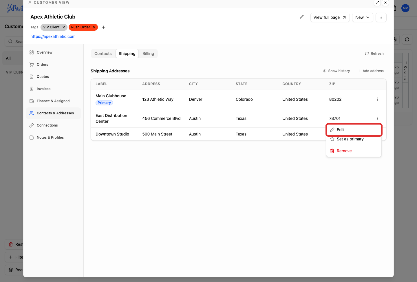 Edit option selected in address row actions menu