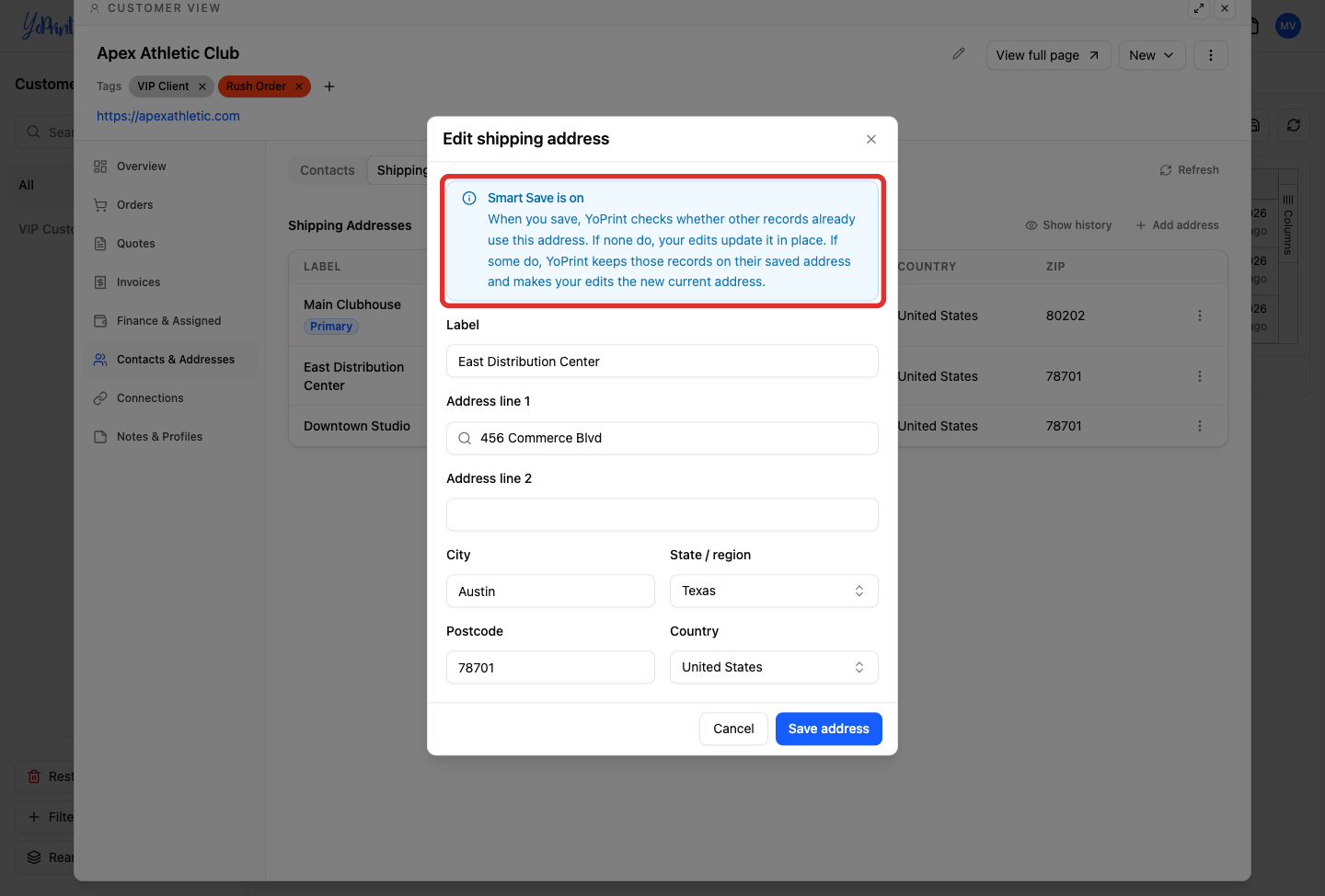 Edit address dialog showing Smart Save is on notice