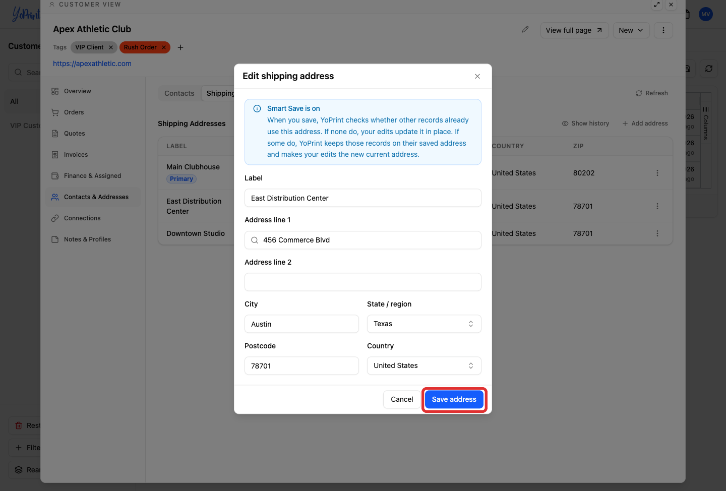 Save address button in edit shipping address dialog