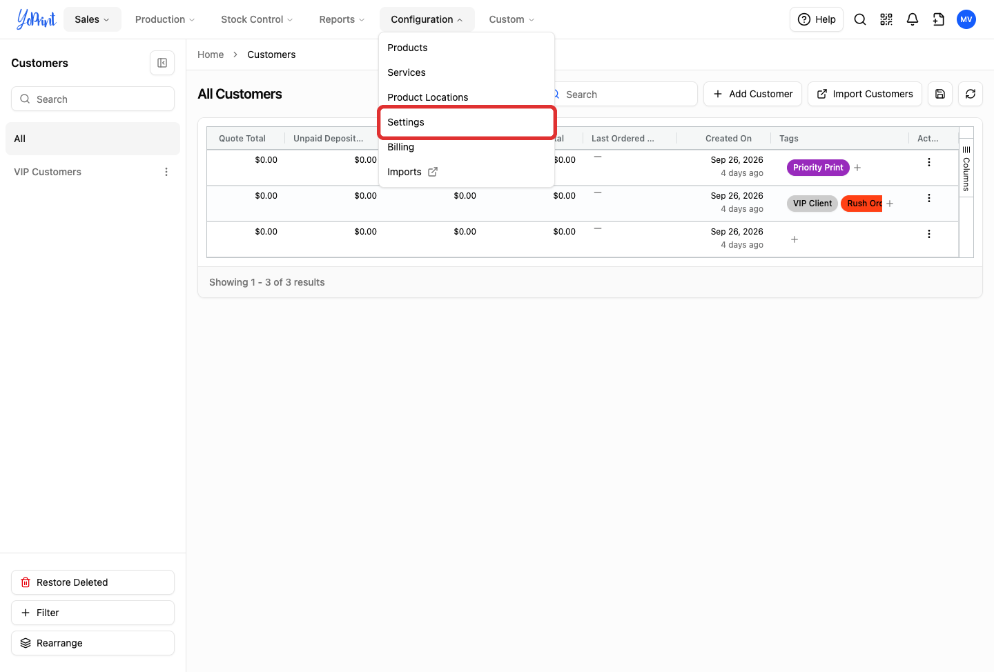 Settings link in the Configuration menu