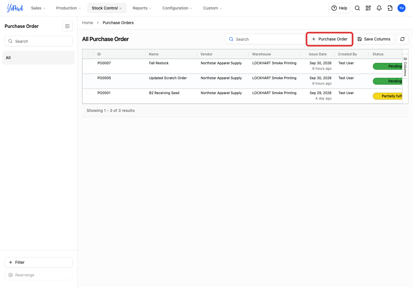 Click Purchase Order above the list