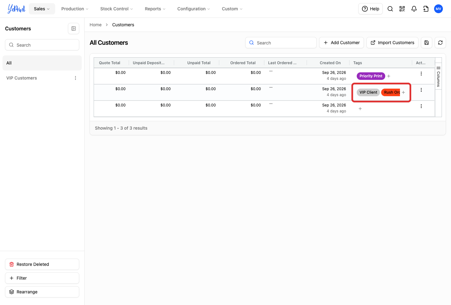 Customer list table displaying assigned color tag badges