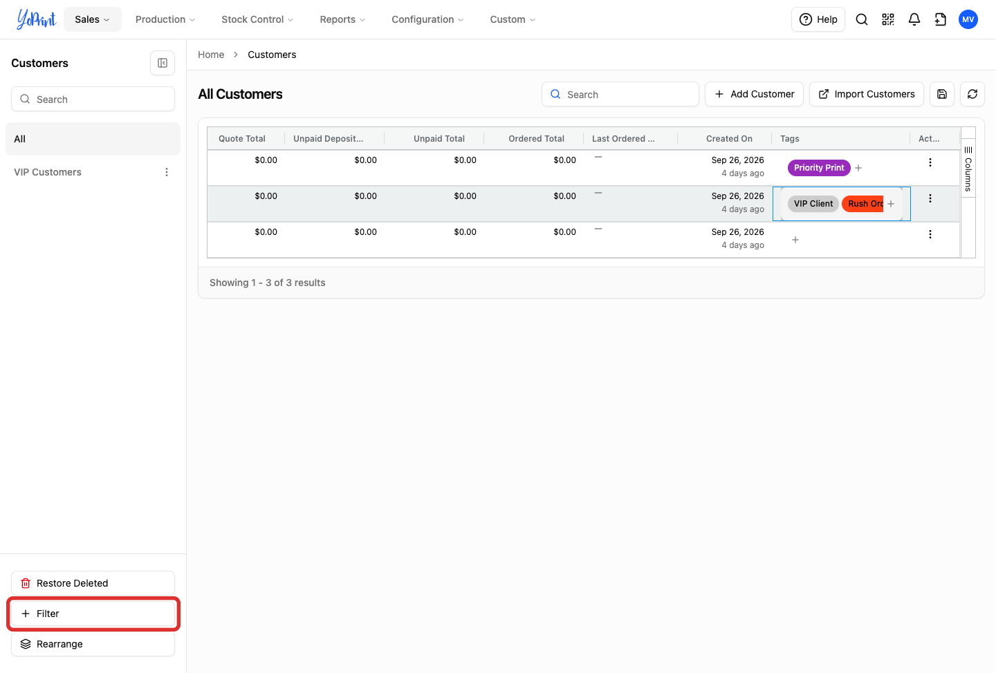 Customer sidebar with Filter button outlined
