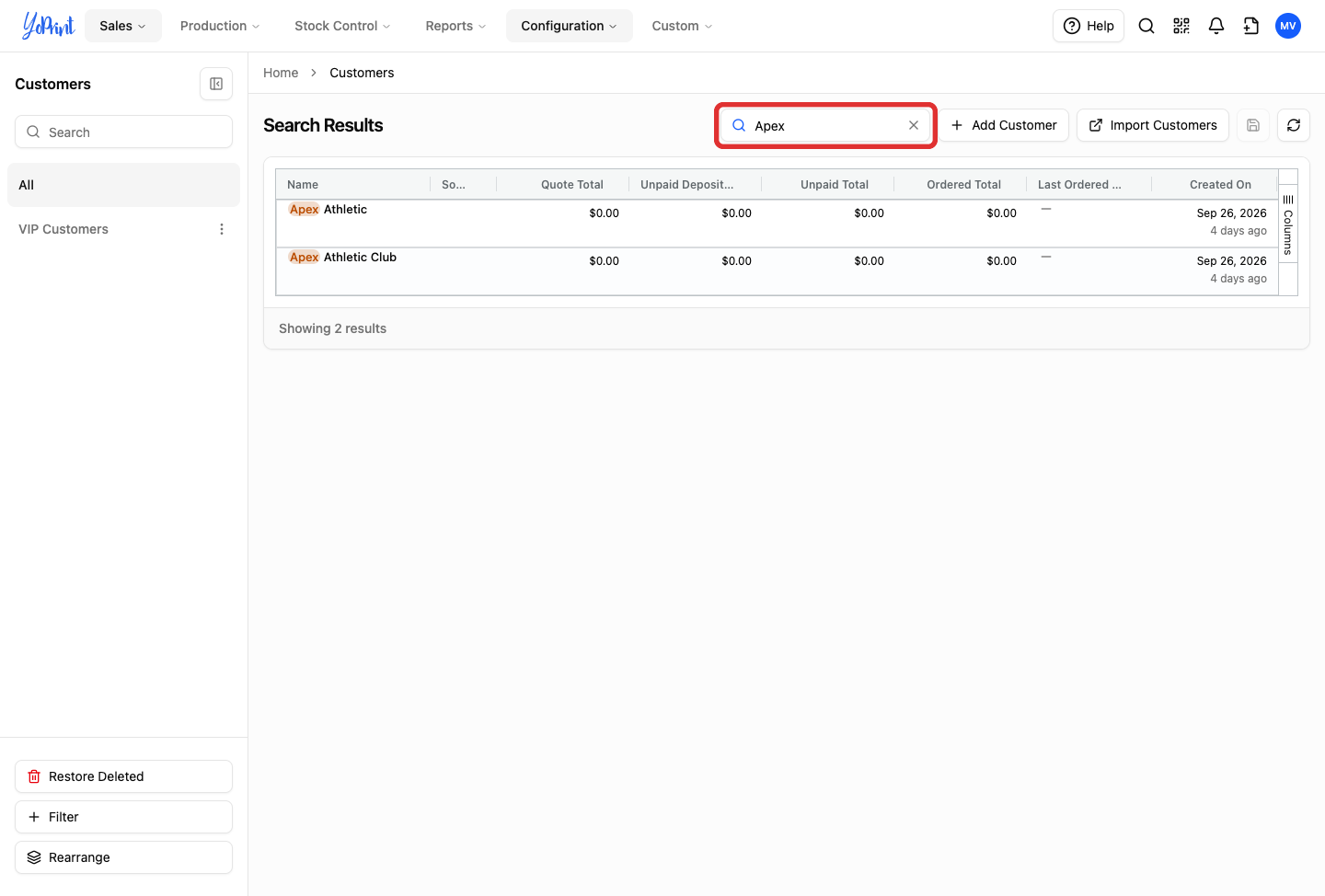 Customer search input field with search term entered
