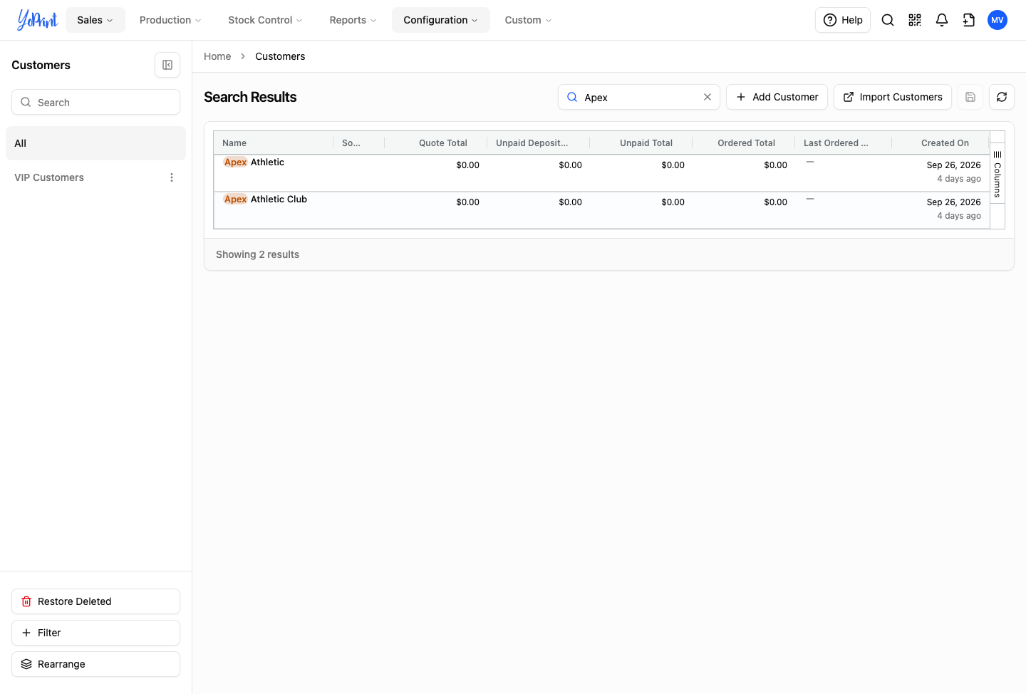 Customer search results table showing duplicate records