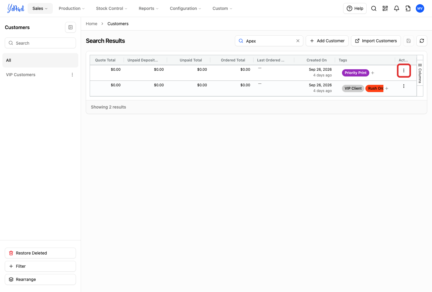 More actions button outlined on duplicate customer row