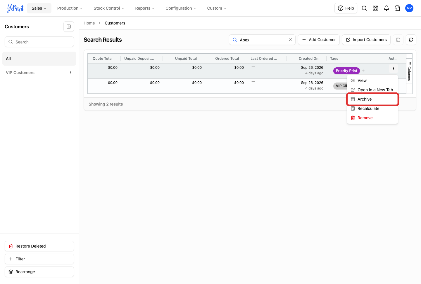 Archive option outlined in customer row actions menu