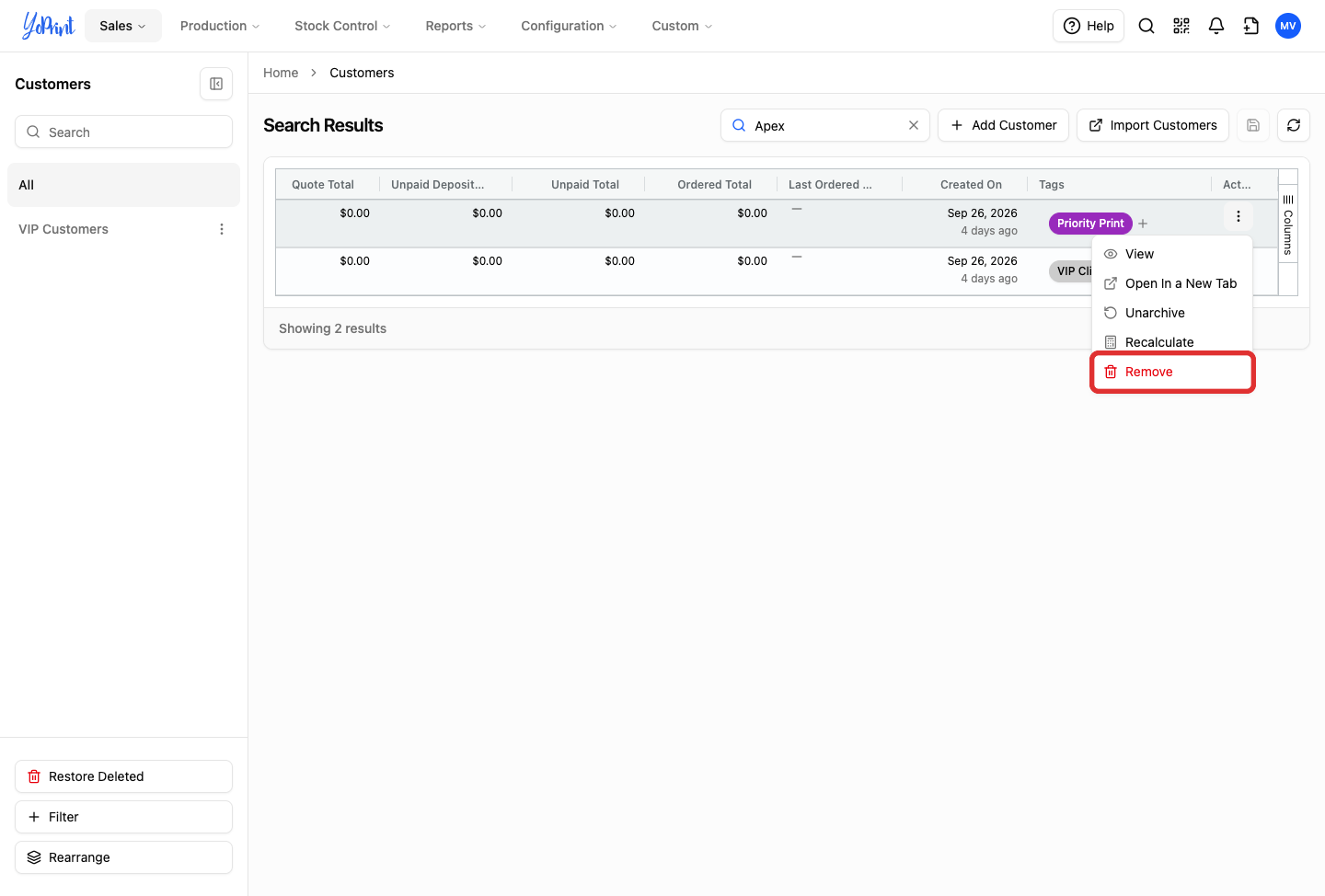 Remove option outlined in customer row actions menu