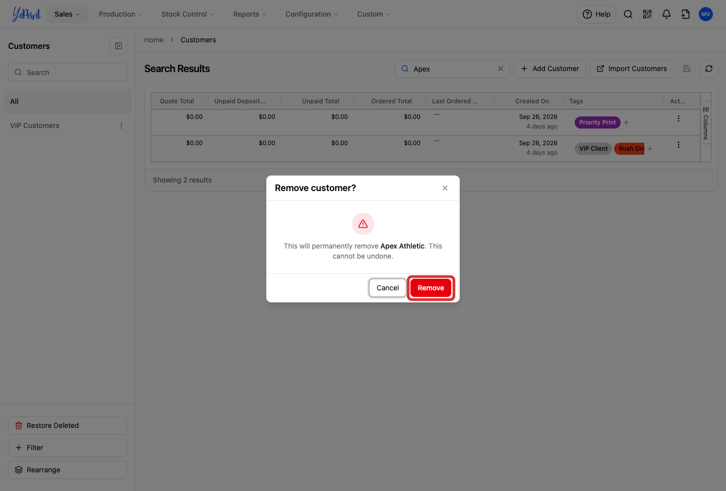 Remove button in delete customer confirmation dialog