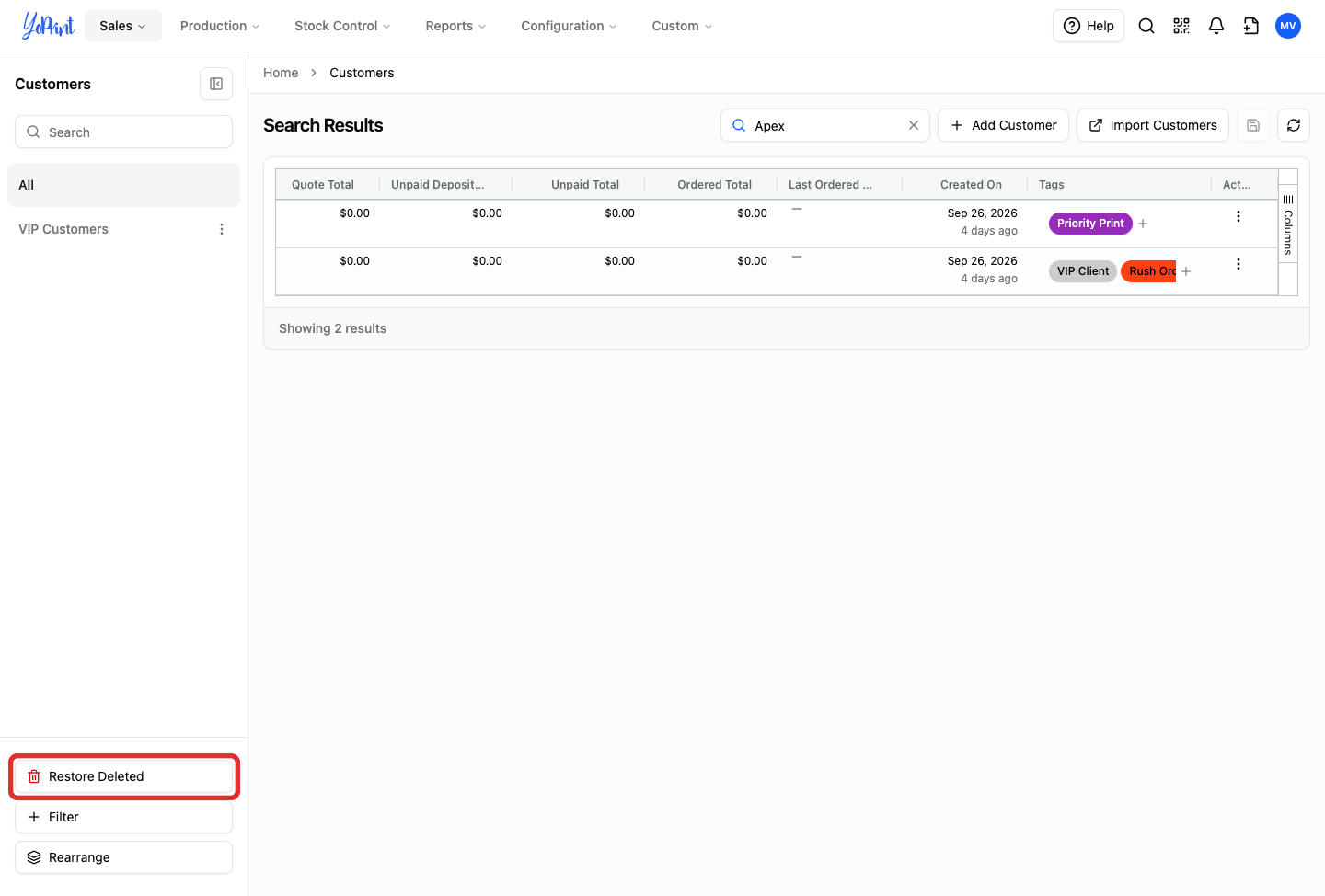 Restore Deleted button in left sidebar
