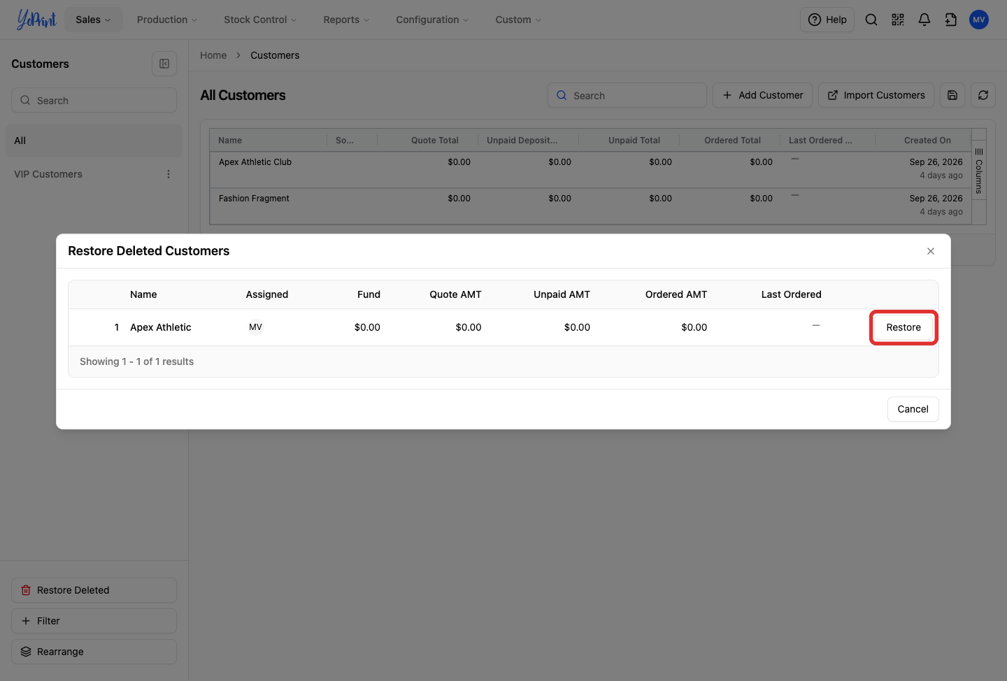 Restore button outlined in Restore Deleted Customers dialog